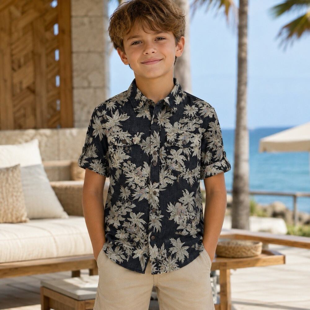 Scotch & Soda Shrunk Boys M Tropical Jungle Palm Bird Snap Button Shirt NWT